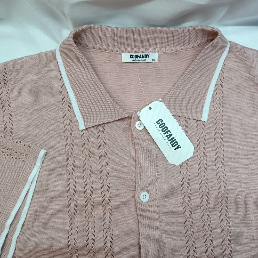COOFANDY Mens Knit Polo Shirt‎ 3XL Pink Short Sleeve Button Down Pointelle Retro